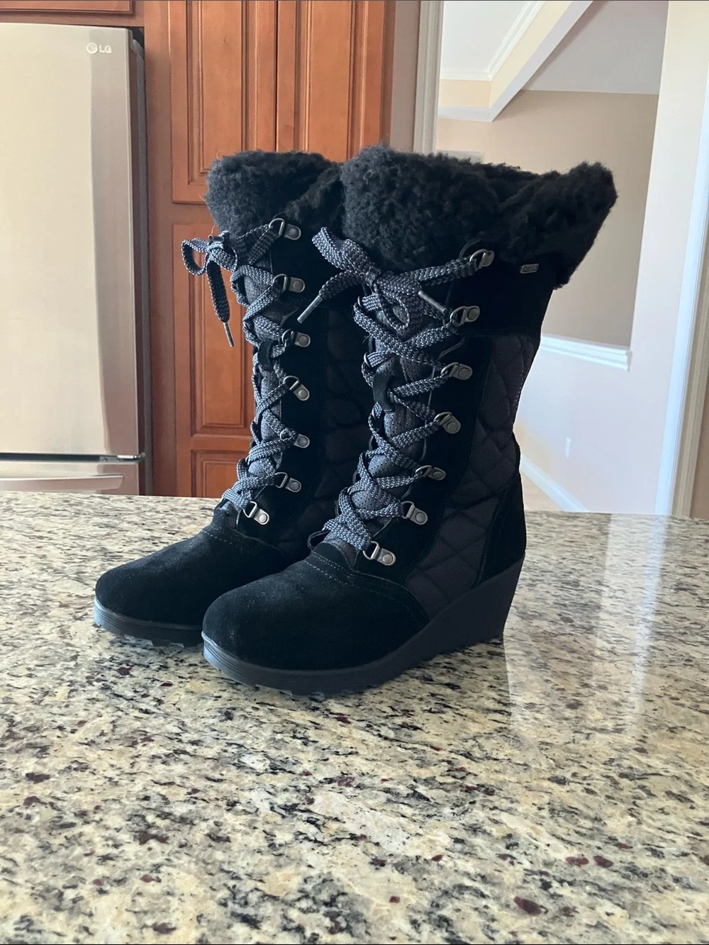 BearPaw Black Quilted Lace-Up Winter Boots with Faux Fur Cuff